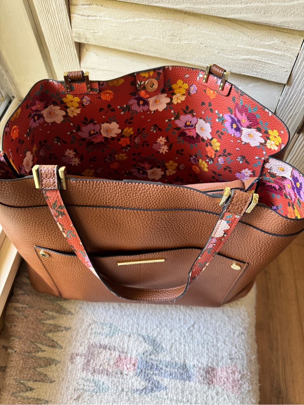 Steve Madden Tan Tote with Floral-Print Interior large work tote pleather vegan